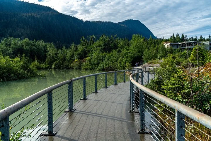 A curved metal walkway over water leading through trees at Mendenhall Glacier.
