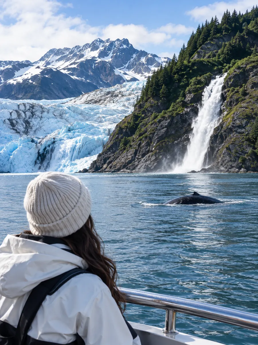 Vista en Mendenhall Glacier, Nugget Falls y avistamiento de ballenas